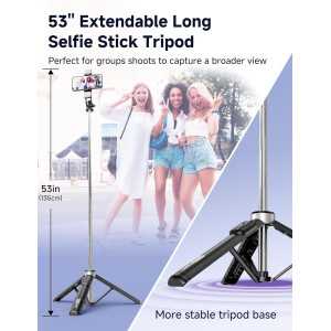 Trépied Selfie 53'' avec Lumière, Télécommande, Clips Tout-en-1, Compatible iPhone & Android