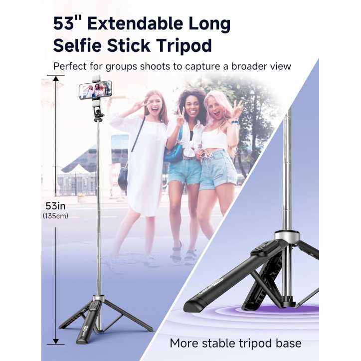 53 Extendable Selfie Stick Tripod with Light, Remote & Phone Clip, Portable for iPhone 15/14/13 & Android 53 Extendable Selfie Stick Tripod with Light, Remote & Phone Clip, Portable for iPhone 15/14/13 & Android