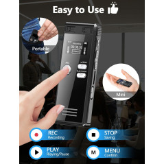 Enregistreur Vocal Numérique 64GB avec Lecture, 4552h, Double Micro, MP3, Carte TF Incluse