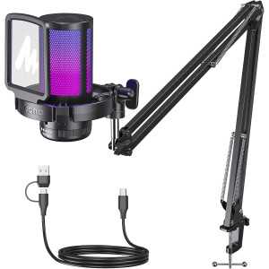 Microphone Gaming USB MAONO DGM20S avec réduction de bruit, mute, gain, monitoring, bras articulé.
