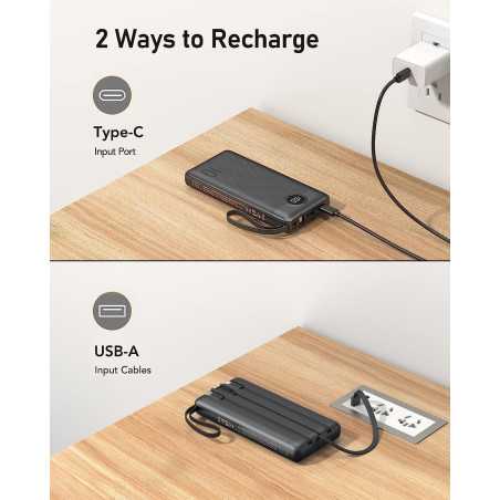 VEEKTOMX Power Bank 10000mAh avec câbles intégrés, charge rapide USB-C, compatible iPhone 17/16/15/14 & Android