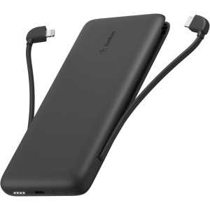 Chargeur Portable Belkin 10,000mAh 23W avec Câbles USB-C & Lightning Intégrés, Charge Double Pass-Through