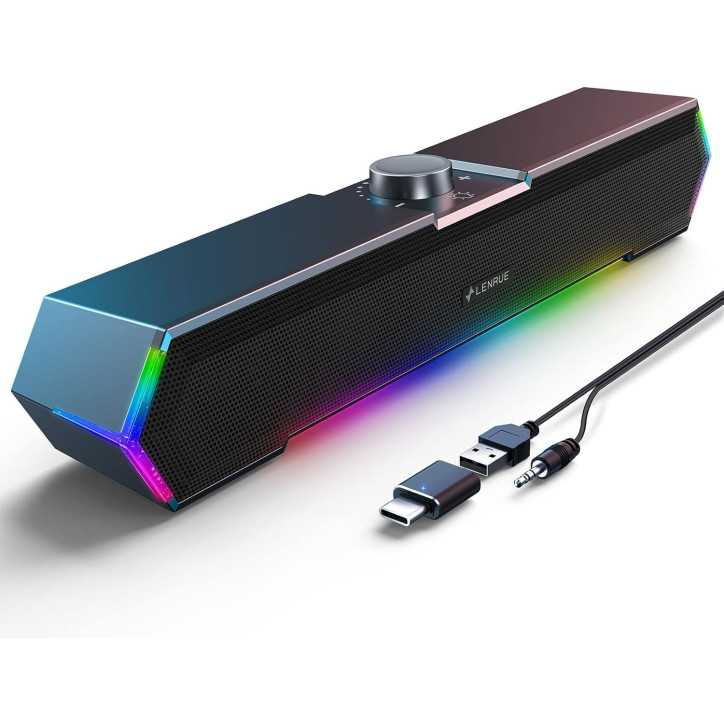 LENRUE G11 Haut-Parleurs PC avec Touch Lights, Son Clair, USB C/USB pour Ordinateur Bureau & Portable
