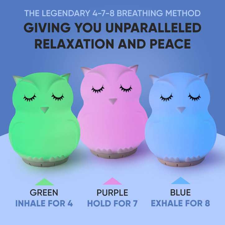 Mindfulness 'Breathing Owl' : Méditation guidée 4-7-8, veilleuse & machine sonore anti-stress 3-en-1