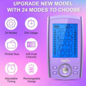 Belfiu TENS & PMS Muscle Stimulator, 24 Modes Pain Relief Massager with 10 Pads, Storage Bag & Cable Ties
