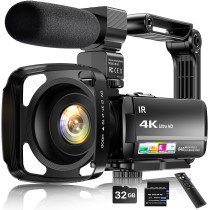 4K 64MP Vlogging Camcorder with 3 Touchscreen, 18X Zoom, Night Vision, Mic, Remote, Stabilizer & 2 Batteries
