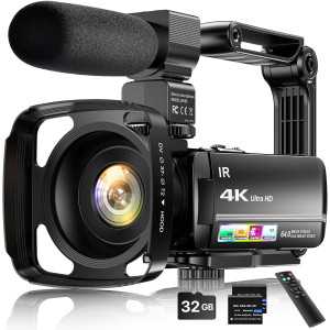 Caméra Vidéo 4K 64MP Vlogging écran tactile 3 Zoom 18X Vision Nuit + Micro Externe, Stabilisateur, Carte 32G & 2 Batteries