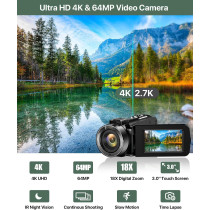 4K 64MP Vlogging Camera with Touch Screen, Night Vision & Accessories