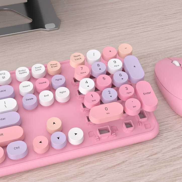 UBOTIE Combo Clavier-Souris Sans Fil Coloré 2.4GHz, Clavier Rétro Pleine Taille, Souris Optique Rose