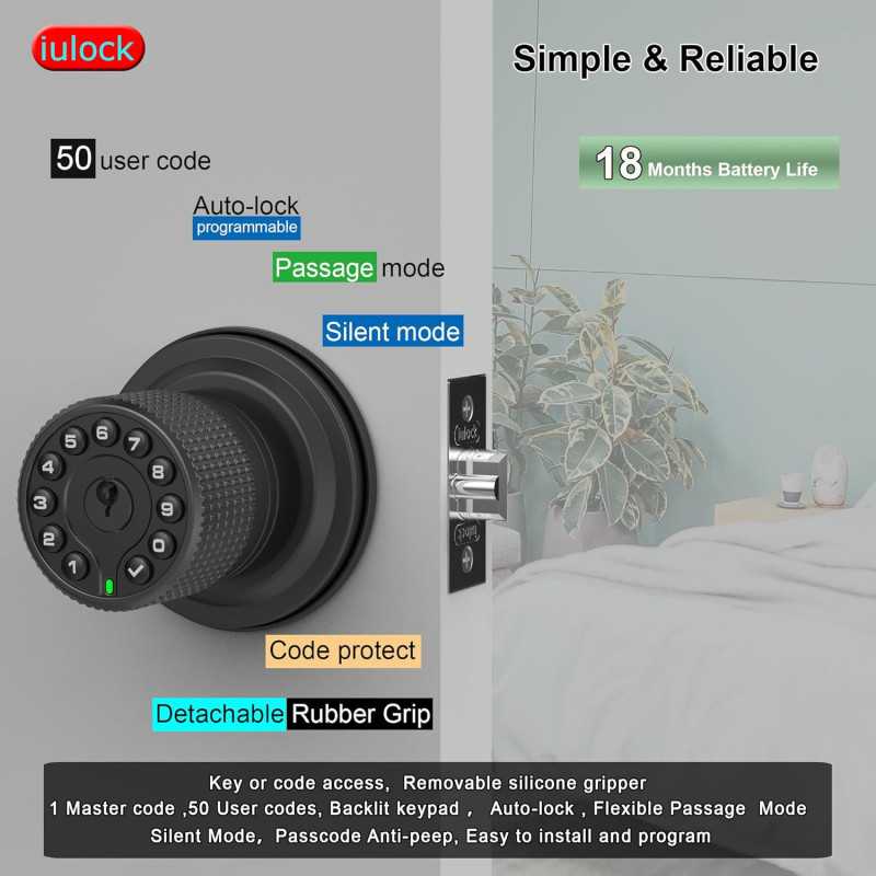 Keypad Smart Door Lock - 50 User Codes, Waterproof, Auto Lock, Matte Black