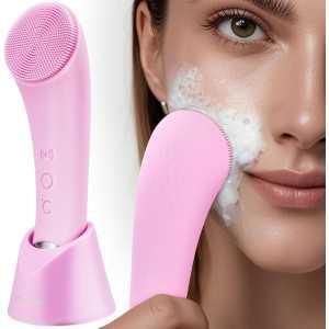 PRITECH Rechargeable Silicone Facial Cleansing Brush with Heat Massage & Vibrating Exfoliator, Waterproof Pink