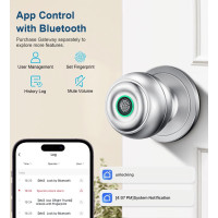 Serrure de porte biométrique argentée avec empreinte digitale, appli, clé et entrée sans clé