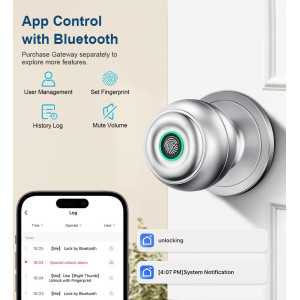 Smart Fingerprint Door Lock with Keyless Thumbprint & App Control, Biometric Door Knob for Home, Silver