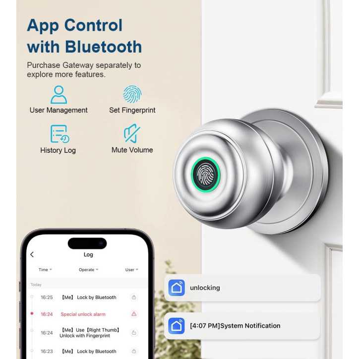 Serrure de porte biométrique argentée avec empreinte digitale, appli, clé et entrée sans clé
