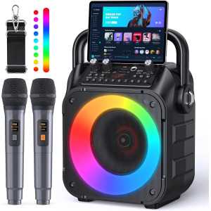 Portable Karaoke Machine with Bluetooth, 2 Mics, Lights & PA System