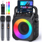 Portable Karaoke Machine with Bluetooth, 2 Wireless Mics, Lights, PA System, USB/TF/REC/FM/AUX for Home Party