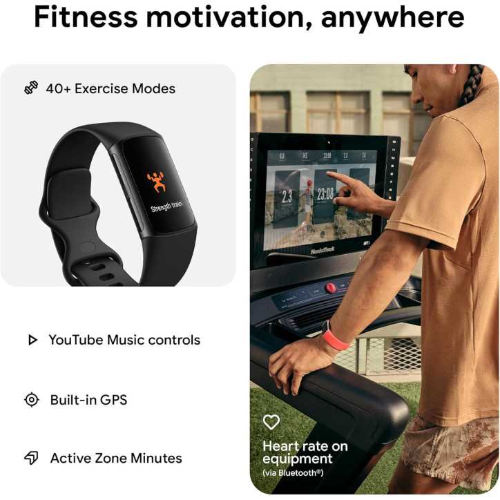 Fitbit Charge 6 Tracker Fitness avec Apps Google, GPS, Fréquence Cardiaque, 6 Mois Premium, Noir Obsidienne