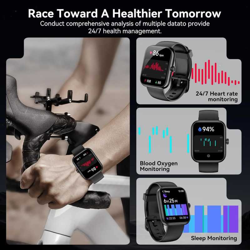 Smart Watch with Alexa, Bluetooth Calls, Fitness & Sleep Tracking - Black
