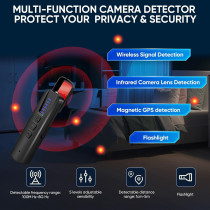 Upgraded AI Hidden Camera & GPS Tracker Detector, RF WiFi Signal Scanner, 4 Modes, Rechargeable - Black