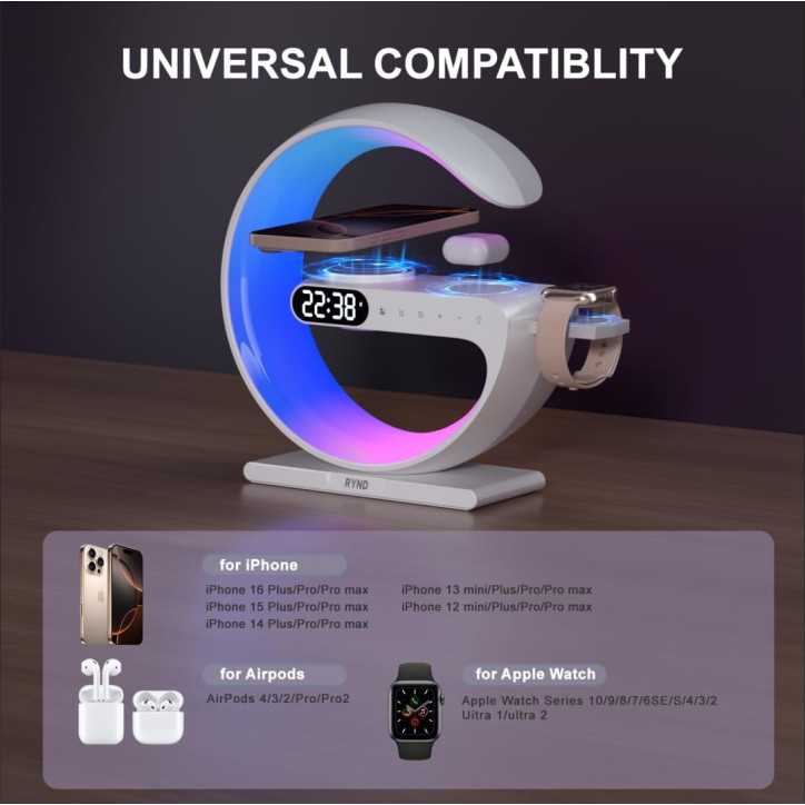 RYND 2025 5-in-1 Magnetic Speaker Alarm Clock with Wireless Charger & Adjustable Night Light, White RYND 2025 5-in-1 Magnetic Speaker Alarm Clock with Wireless Charger & Adjustable Night Light, White