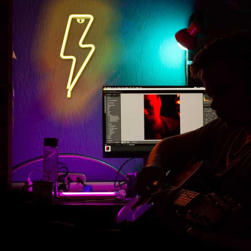 Enseigne Néon Éclair Jaune LED pour Décor Mural - USB/Batterie