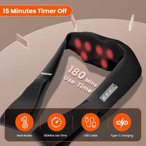AMZPONY® Cordless Shiatsu Neck & Back Massager with Heat, Deep Tissue Kneading for Pain Relief – Rechargeable Gift