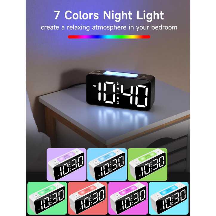 Cadmos Super Loud Digital Alarm Clock for Heavy Sleepers with 7-Color Night Light, Adjustable Volume, USB Charger (White+RGB)
