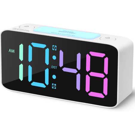 Cadmos Super Loud Digital Alarm Clock for Heavy Sleepers with 7-Color Night Light, Adjustable Volume, USB Charger (White+RGB)
