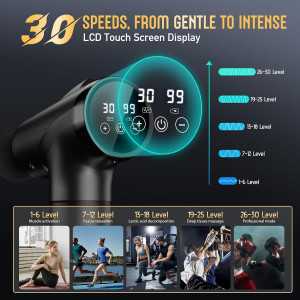 Deep Tissue Massage Gun, Handheld Electric Muscle Massager with 9 Attachments & 30 Speeds (Black)