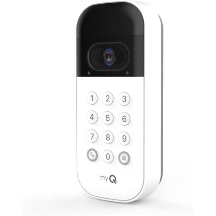 Clavier vidéo myQ pour porte de garage avec caméra grand-angle, codes PIN personnalisables, contrôle smartphone, compatible Cham