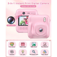 Appareil Photo Instantané Enfant 48MP Selfie 1080P avec Impression, Carte 32GB, Papier, Rose