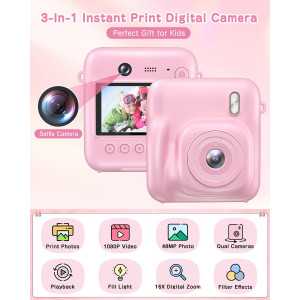 Kids Instant Print Camera 48MP Selfie Digital Toy with 32GB Card & Print Paper for Ages 4-9 - Pink