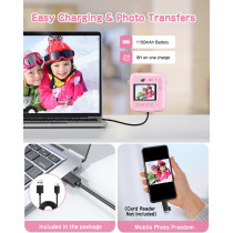 Kids Instant Print Camera 48MP Selfie Digital Toy for Ages 4-9 - Pink