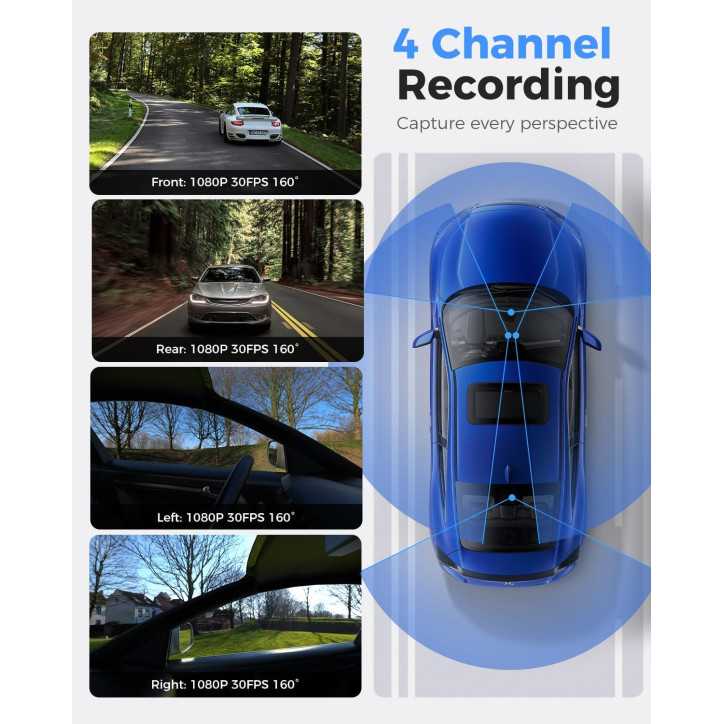 360° 4-Channel Dash Cam with GPS, 5G WiFi, Night Vision, 160° Wide, WDR, 24H Parking, 128GB Card Included 360° 4-Channel Dash Cam with GPS, 5G WiFi, Night Vision, 160° Wide, WDR, 24H Parking, 128GB Card Included