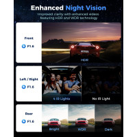 Caméra Auto 360° 4 Canaux Avant/Arrière/Intérieur, GPS, WiFi 5G, Vision Nuit, 160° Grand Angle, 128GB Inclus