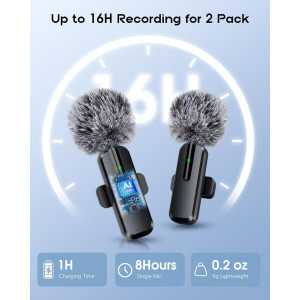 Wireless Mini Lavalier Microphones 2-Pack for iPhone, iPad, Android - Bluetooth Clip-on Lapel Mics with Noise Reduction for Reco