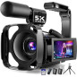 Caméra Vidéo 5K UHD 64MP Vlogging avec Écran Tactile Rotatif 3, Vision Nocturne IR, Zoom 16X, WiFi, 32GB, Microphone