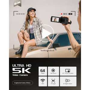 Caméra Vidéo 5K UHD 64MP Vlogging avec Écran Tactile Rotatif 3, Vision Nocturne IR, Zoom 16X, WiFi, 32GB, Microphone