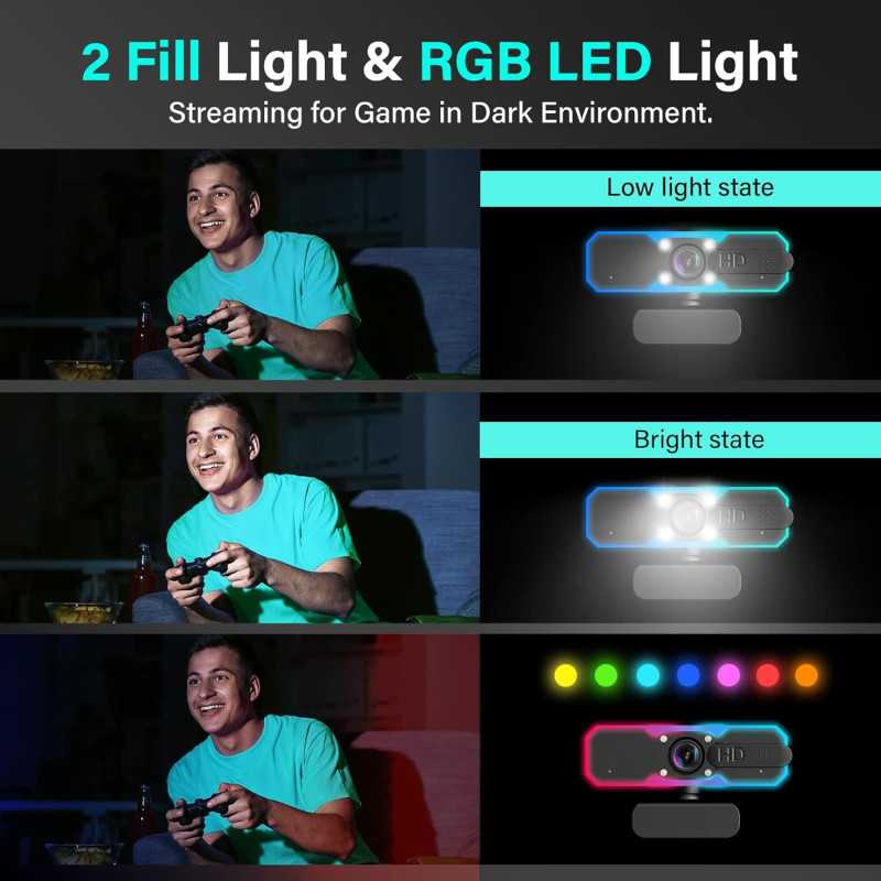 Webcam NBPOWER 1080P 60FPS avec Microphone et Lumière RGB