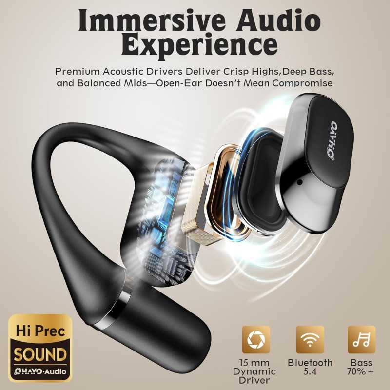 Bluetooth Open Ear Headphones with Earhook, 40H Playtime & IPX6 Waterproof