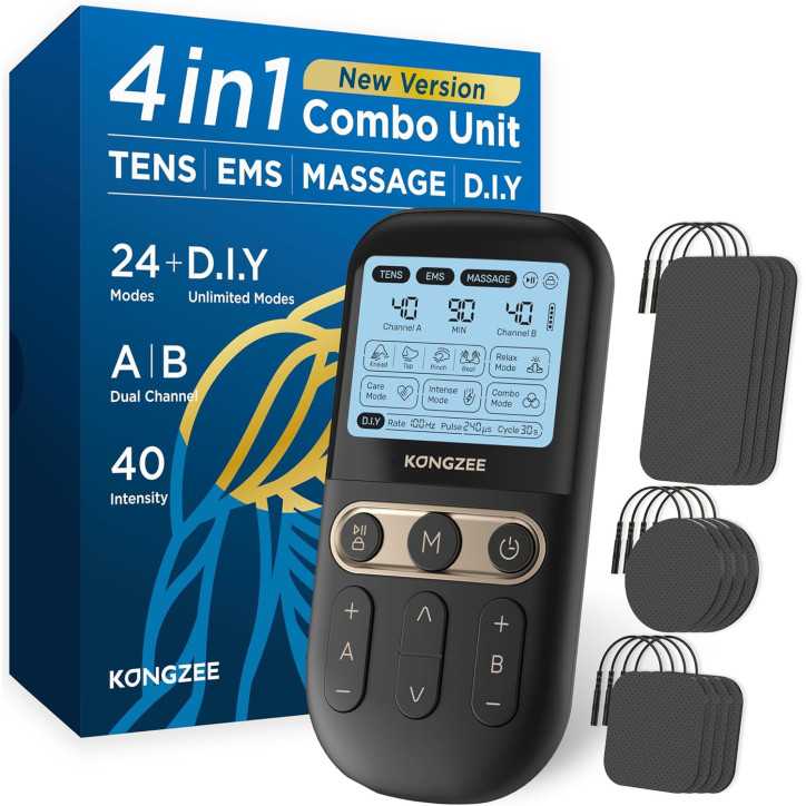 4-in-1 DIY TENS & EMS Muscle Stimulator, Dual Channel Pain Relief Therapy, FDA Cleared, Rechargeable with 12 Electrode Pads