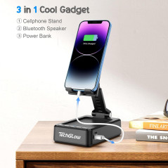 TechGlow Foldable Cellphone Stand with Bluetooth Speaker & Power Bank