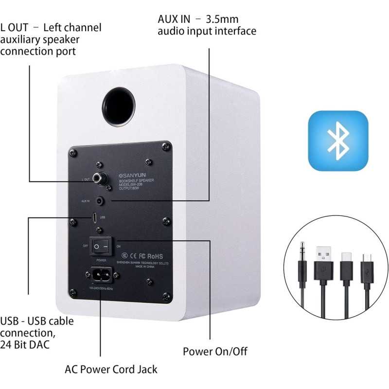 Sanyun SW208 Enceintes Bluetooth Actives 3 60W Blanc