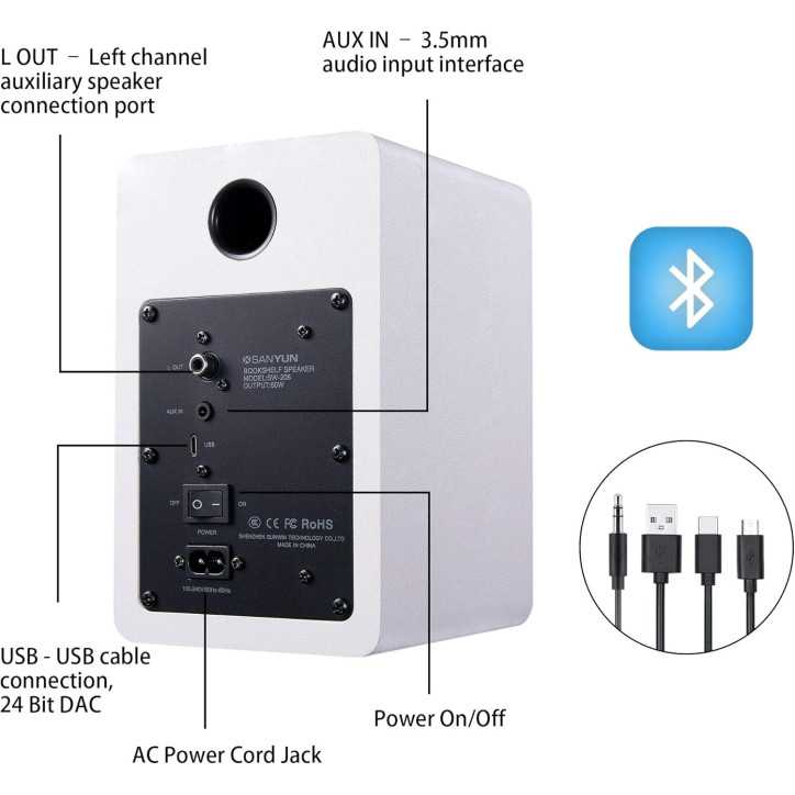 Enceintes Bibliothèque Actives Bluetooth 5.0 Sanyun SW208 3 60W DAC 24bit Son 3D Blanc (Paire)