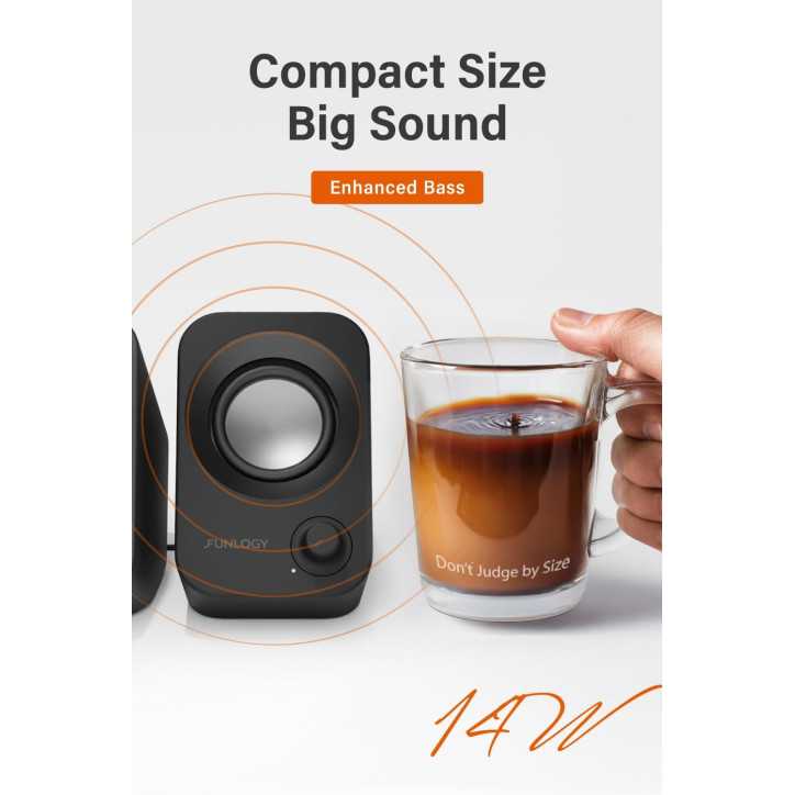 14W USB Powered Stereo PC Speakers with 30° Tilt & Volume Dial, Compact Black for Desktop & Gaming 14W USB Powered Stereo PC Speakers with 30° Tilt & Volume Dial, Compact Black for Desktop & Gaming