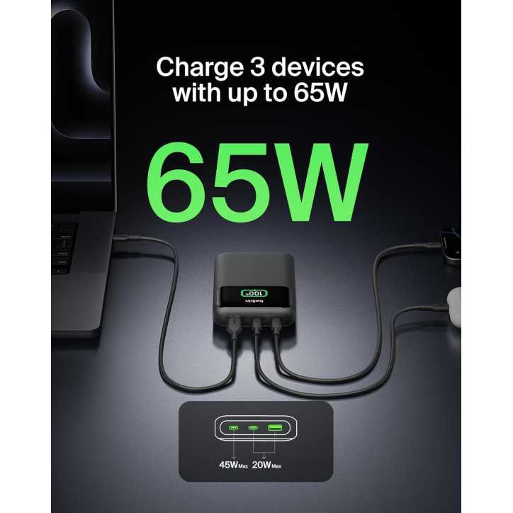 Belkin 20000mAh Portable Charger 65W 3-Port USB-C & USB-A Power Bank Fast Charging for Laptops & Phones Belkin 20000mAh Portable Charger 65W 3-Port USB-C & USB-A Power Bank Fast Charging for Laptops & Phones