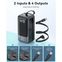 65W Portable Charger Power Bank with Built-in Cable, 4 USB-C Outputs