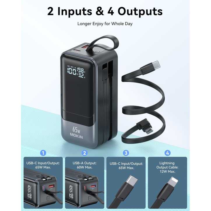 Chargeur Portable 65W Power Bank Rapide USB-C avec Câble Intégré, 4 Sorties, Compatible iPhone, iPad, MacBook, Samsung, Dell Chargeur Portable 65W Power Bank Rapide USB-C avec Câble Intégré, 4 Sorties, Compatible iPhone, iPad, MacBook, Samsung, Dell