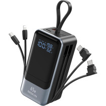 Chargeur Portable 65W Power Bank Rapide USB-C avec Câble Intégré, 4 Sorties, Compatible iPhone, iPad, MacBook, Samsung, Dell