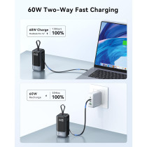 65W Portable Charger Power Bank with Built-in Cable, 4 USB-C Outputs